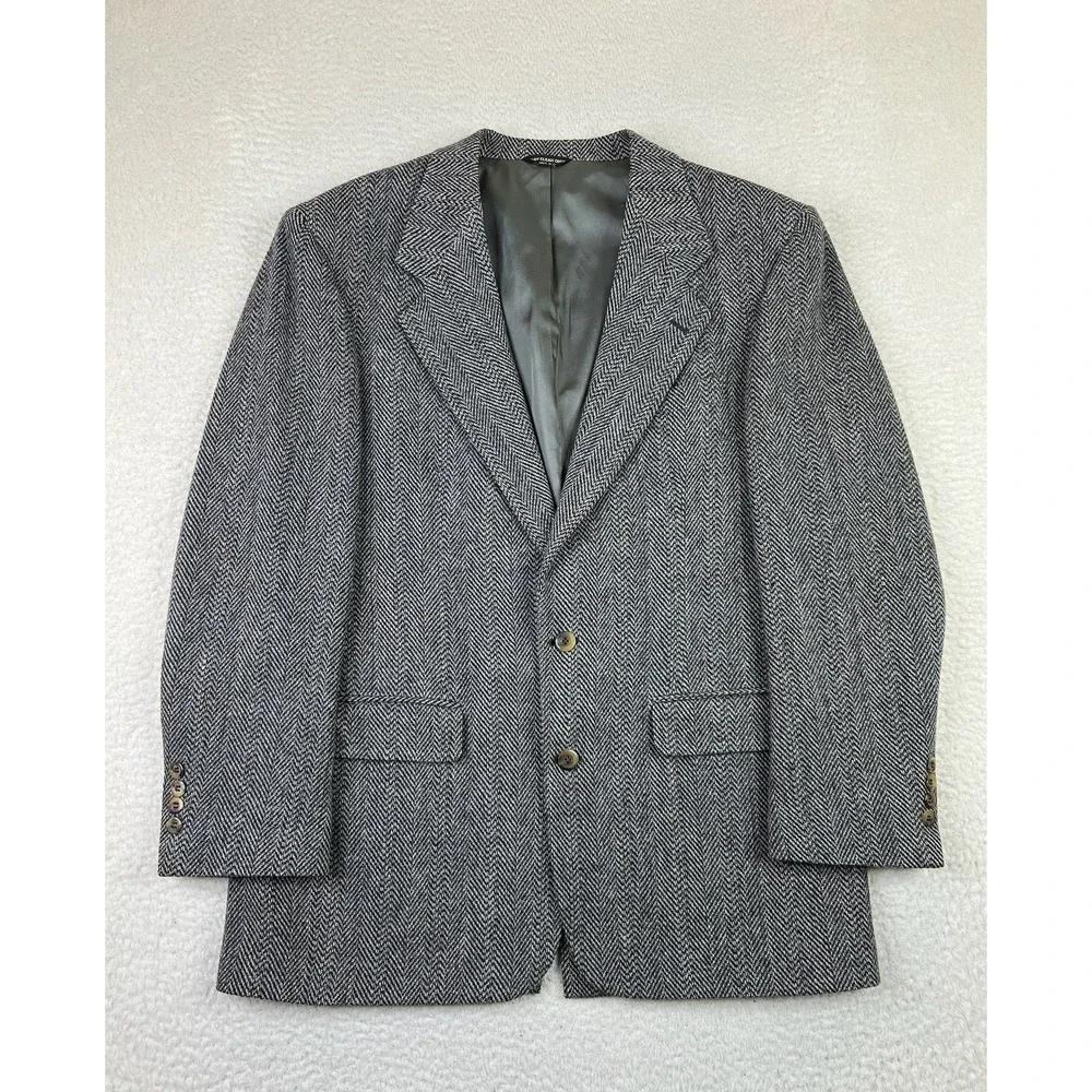 Bill Blass Blazer Mens 44 Wool Herringbone Sport Coat Jacket Made USA Classic